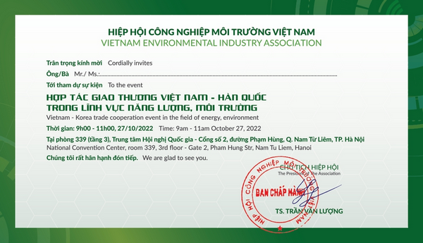 Mời tham dự chương trình: Hợp tác giao thương Việt Nam - Hàn Quốc trong lĩnh vực năng lượng, môi trường